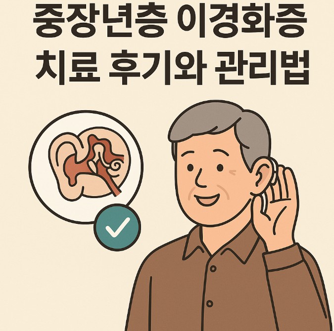 중장년 남성이 귀를 기울이는 동작을 하며 미소 짓고 있으며, 옆에는 귀의 해부도와 체크 표시가 함께 있다.