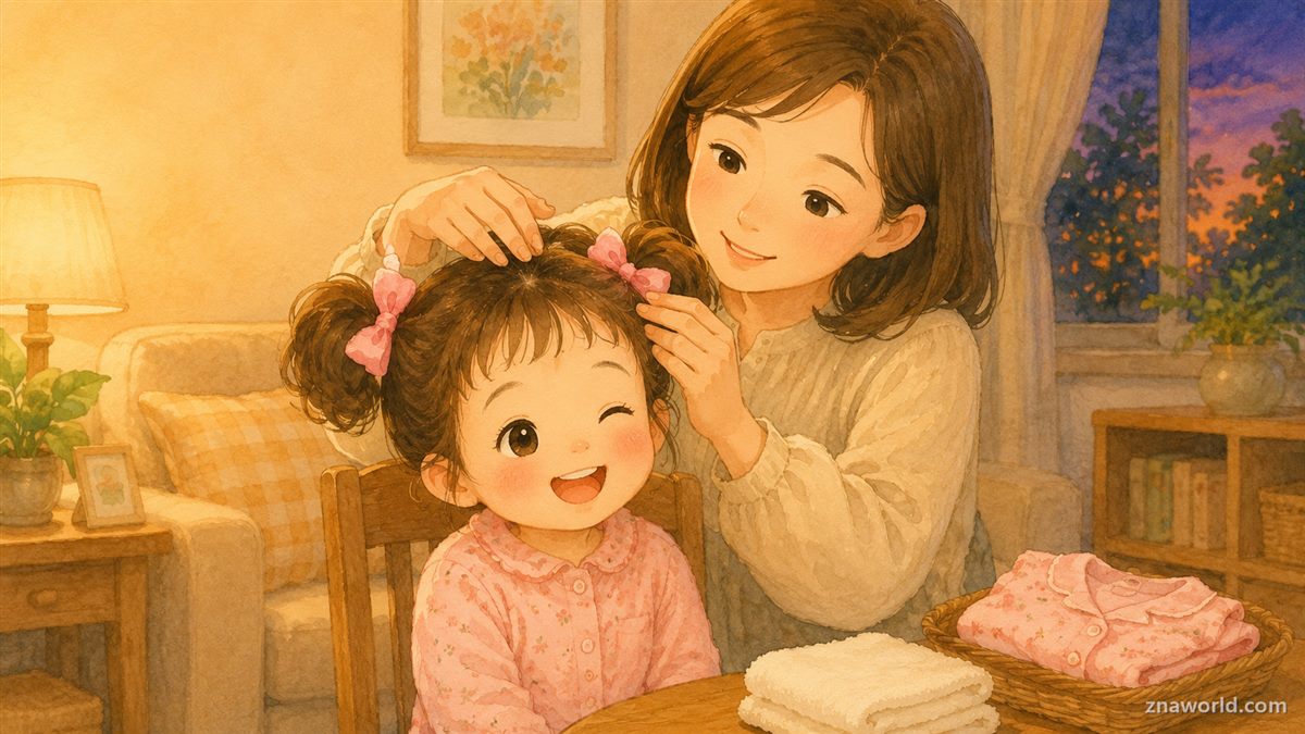 성묘 후 아이 머리카락에 진드기가 있는지 살펴보는 엄마 일러스트