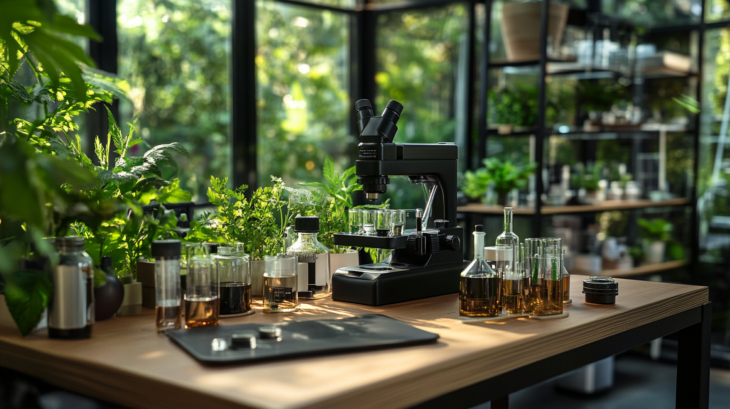 자연 유래성분과 합성 성분을 비교하는 이미지. 실험실 현미경도 포함.