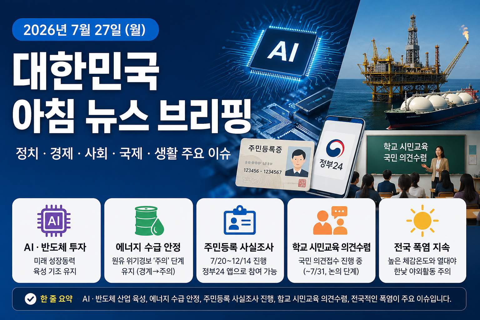 2026년 7월 27일 대한민국 아침 뉴스 브리핑