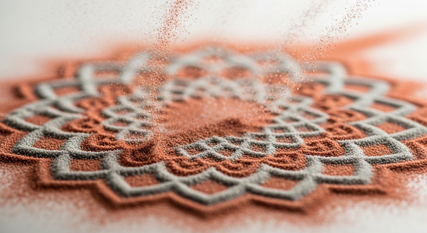 모든 것이 변한다는 무상의 진리를 표현하는, 바람에 흩어지는 모래 만다라 이미지