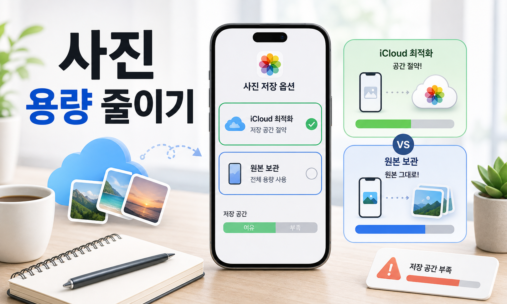 아이폰 사진 용량 줄이기와 iCloud 최적화 원본 보관 차이를 보여주는 대표 이미지