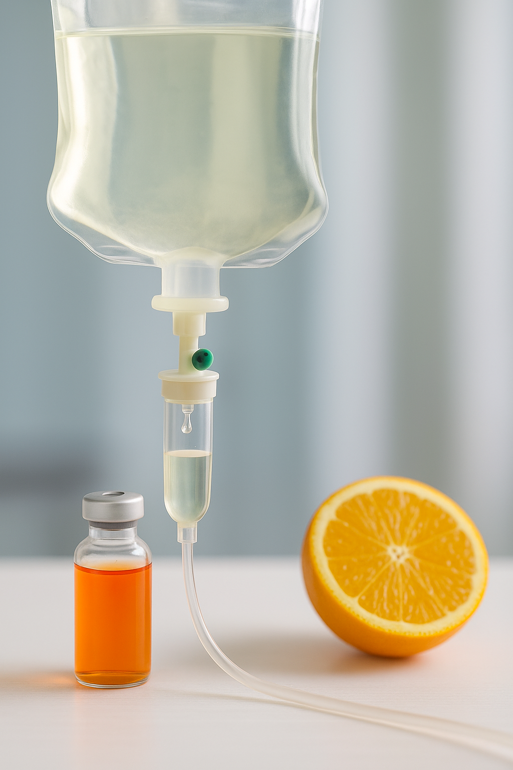 고용량 비타민 C 정맥주사와 자연 유래 항산화 치료 상징 이미지