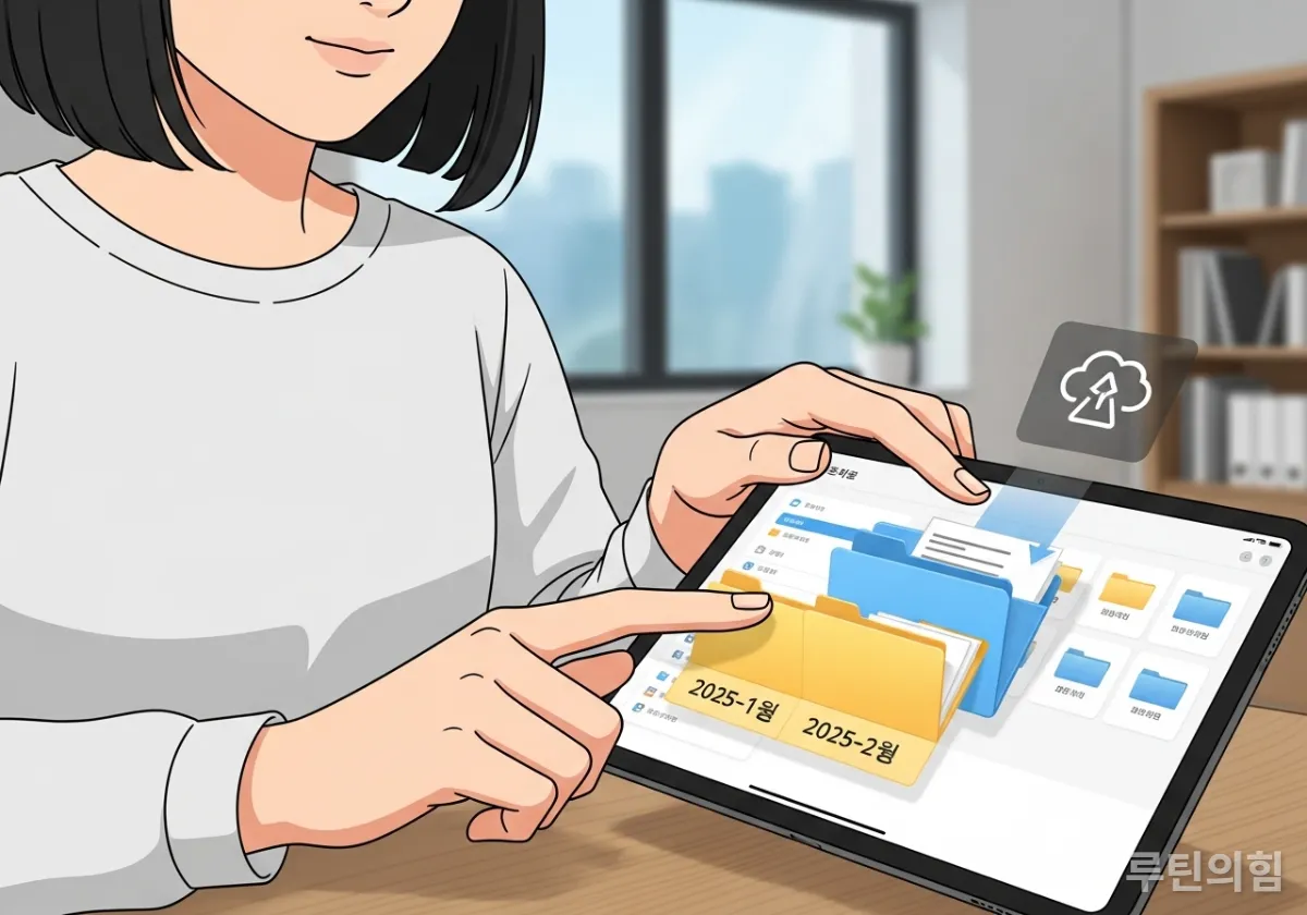 아이패드 파일 정리 및 클라우드 백업을 하는 한국 대학생 일러스트