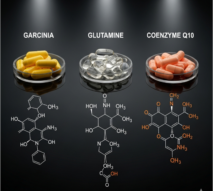 각각의 색깔로 구분된 영양제 캡슐들이 가르시니아, 글루타민, 코엔자임 Q10이라는 라벨 아래에 놓여있다. 각 성분의 화학 구조식이 함께 그려져 있어 과학적 분석의 느낌을 강조한다