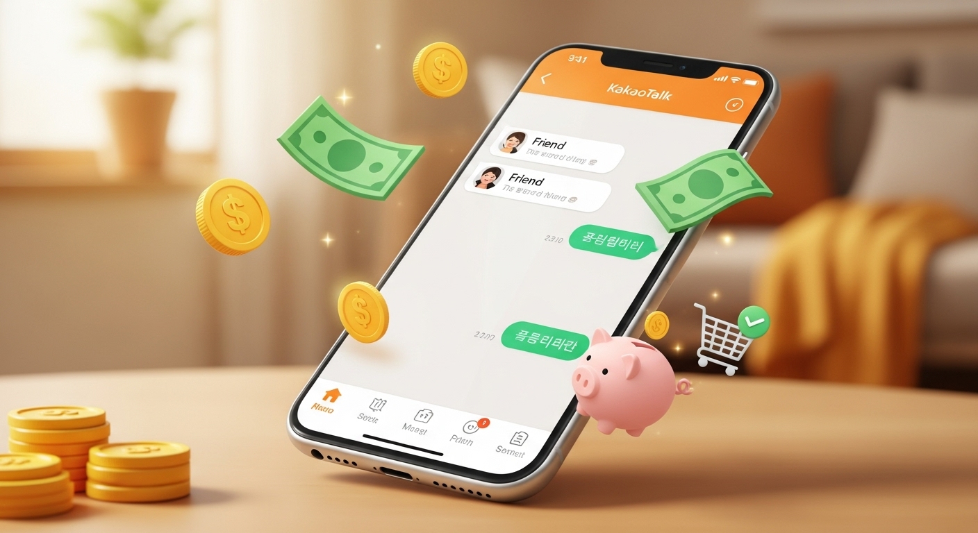 카카오톡 앱이 실행된 스마트폰 주변에 동전, 돼지저금통, 쇼핑 카트 등 절약 관련 아이콘들이 떠다니는 모습.