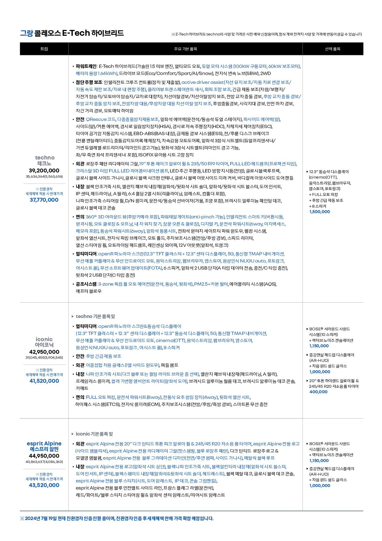 그랑콜레오스 가격표1
