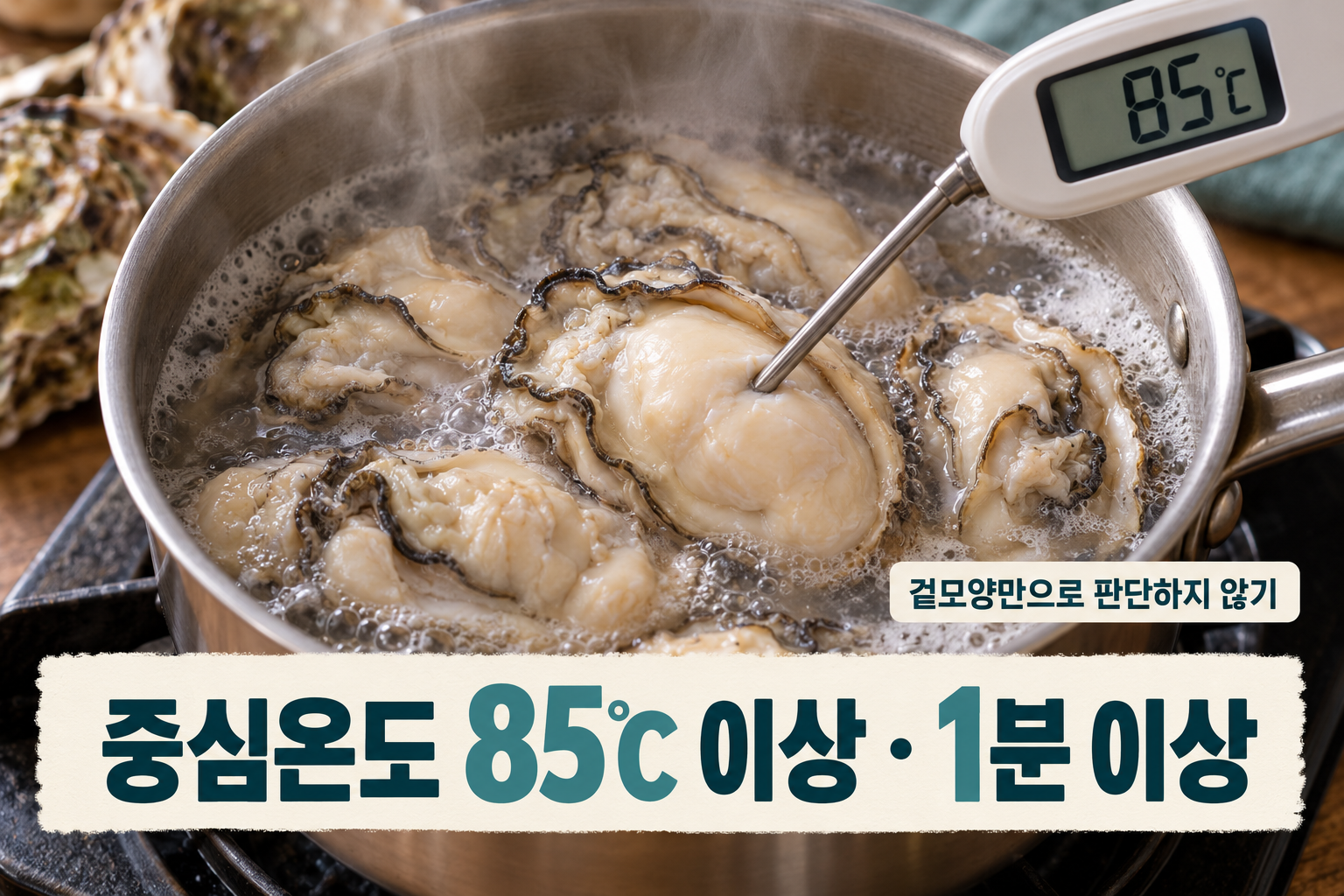 굴 중심에 탐침을 넣어 온도를 재고 충분히 가열하는 장면.