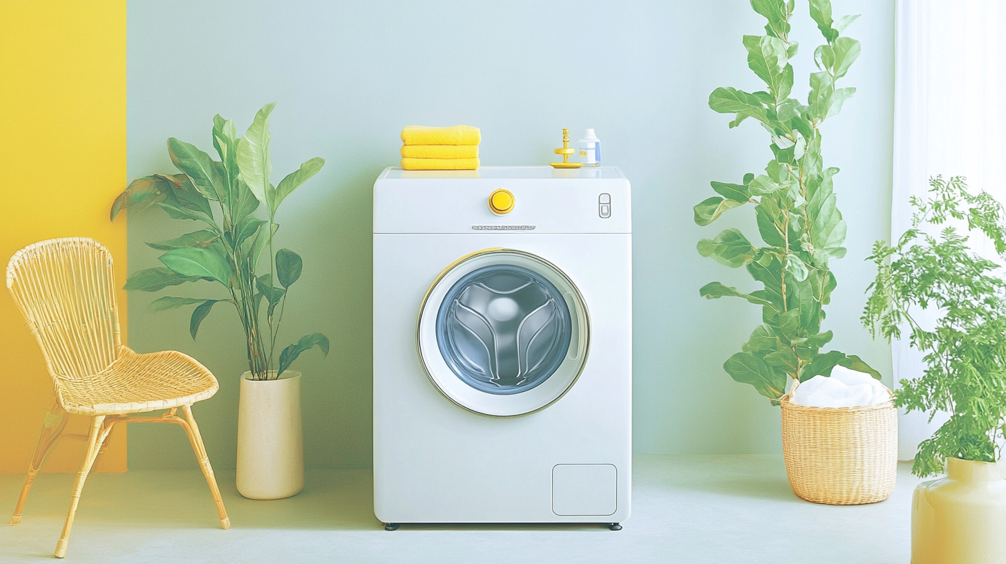 최신형 삼성 세탁기가 미니멀하면서도 세련된 스타일의 세탁실에 놓여 있으며, 부드럽고 반사되는 표면과 더불어 은은한 조명이 제공되어 있는 모습