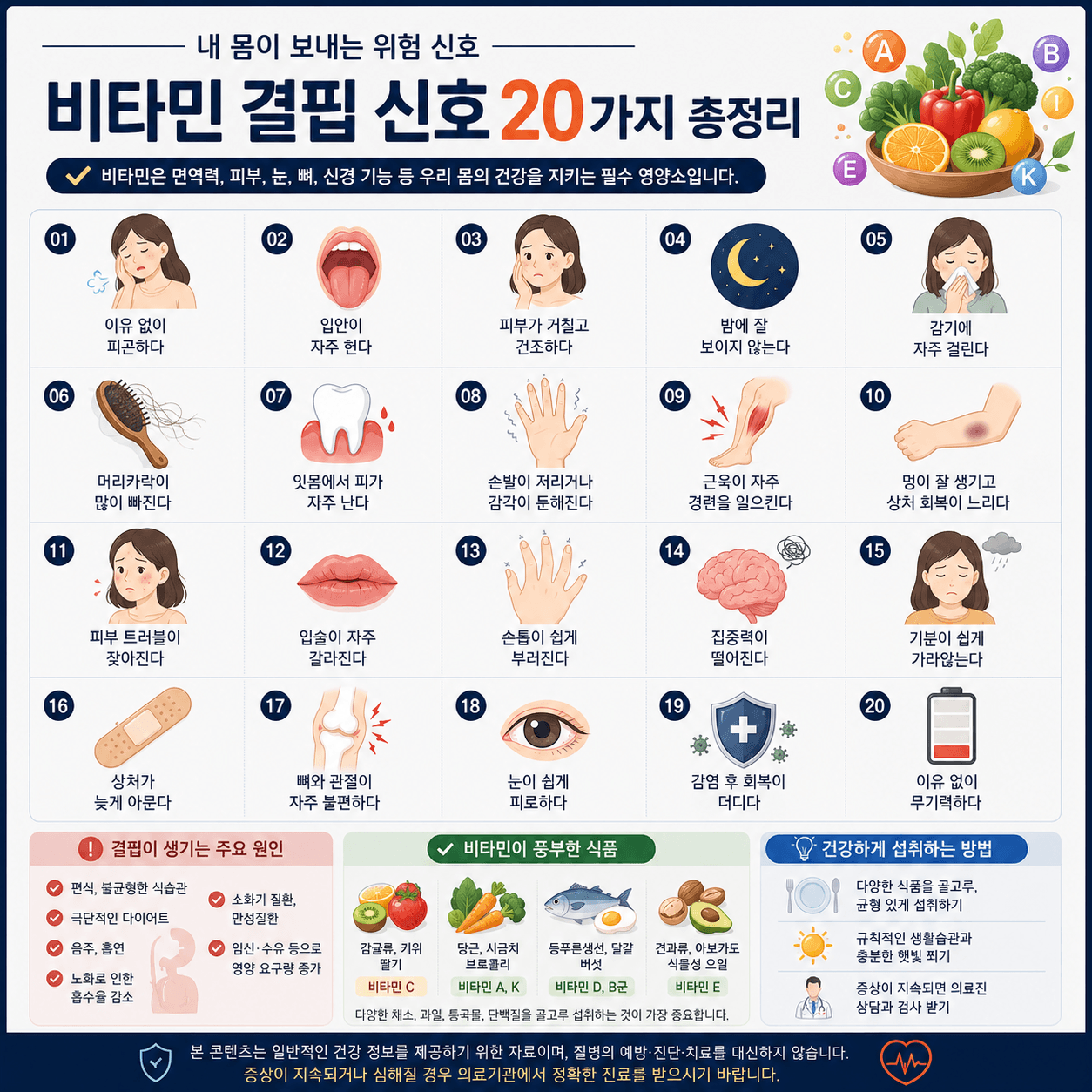 비타민 결핍 시 나타날 수 있는 20가지 주요 증상과 건강한 식습관 관리법을 간결하게 정리한 인포그래픽