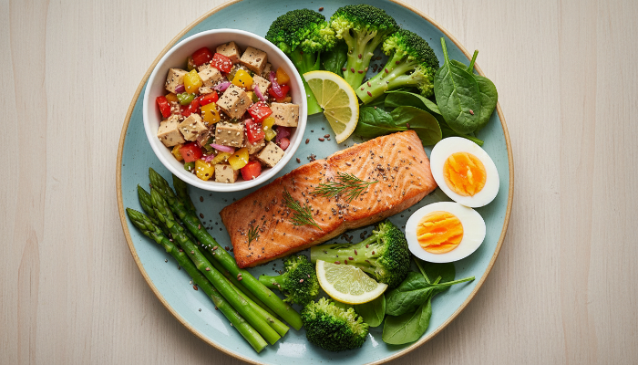 고단백 생선, 두부, 계란 등이 포함된 건강하고 균형 잡힌 시니어 식단 사진