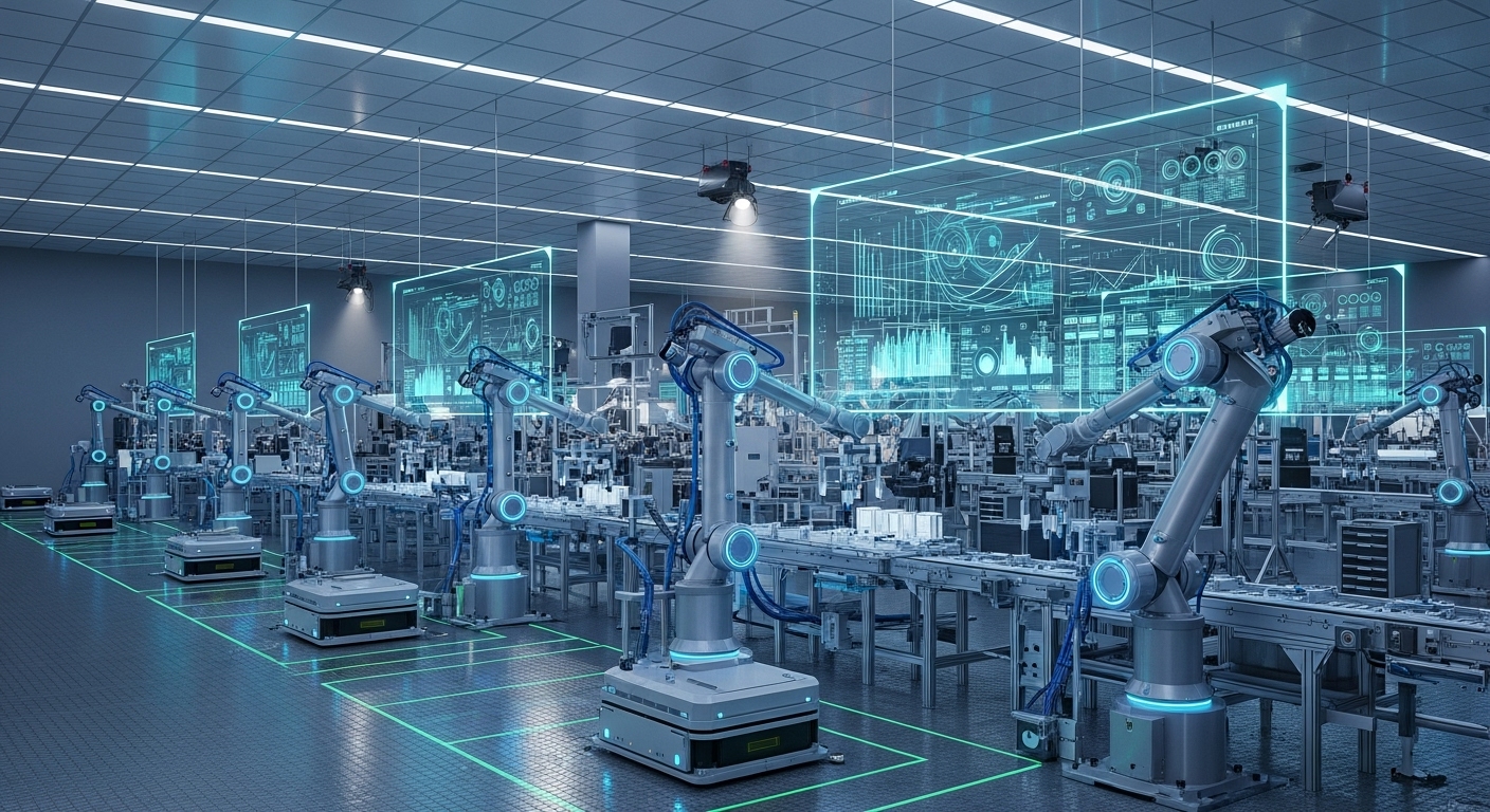 2025 디지털퓨처쇼에 전시된 스마트 팩토리의 모습. 여러 대의 로봇 팔이 정밀하게 작업을 수행하며 생산 효율성을 극대화하는 장면을 보여준다.