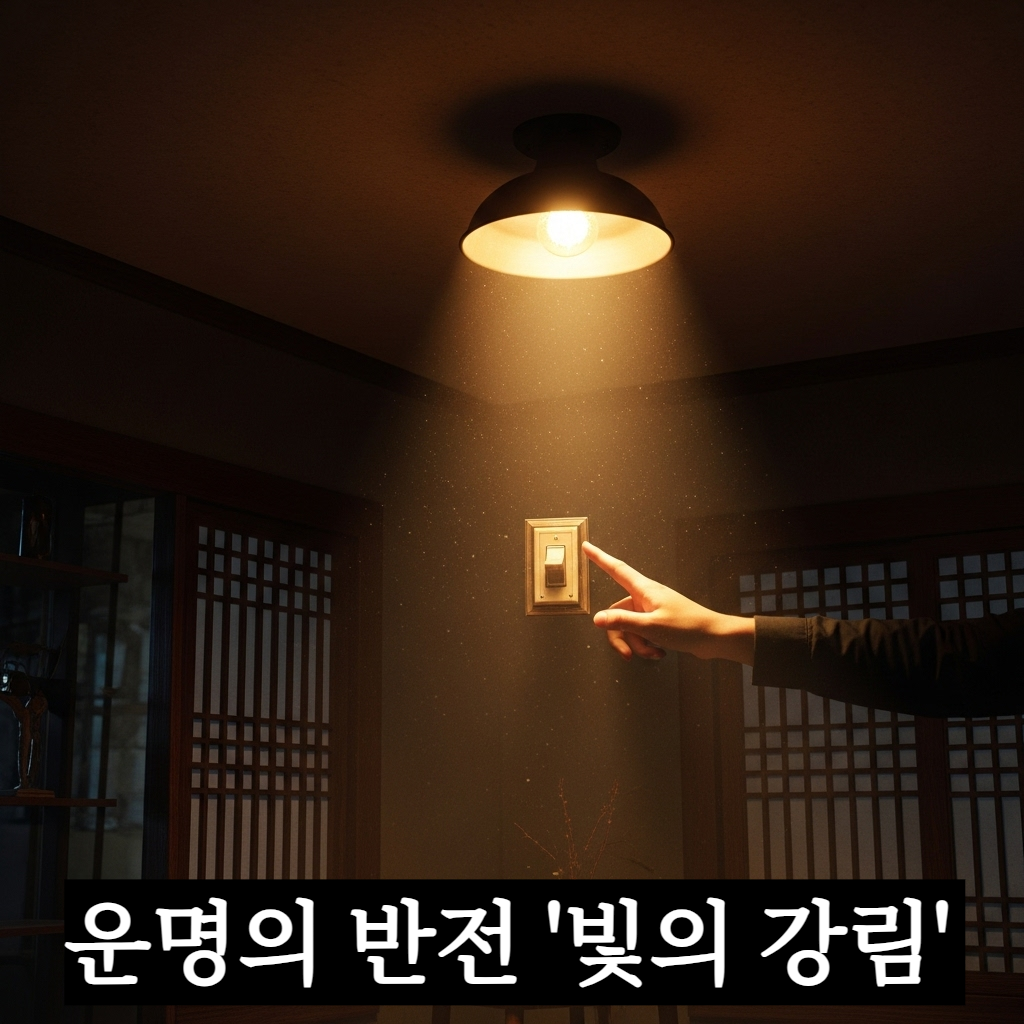 어두운 방 안에서 손으로 스위치를 올리는 순간 천장에서 눈부시게 환한 빛이 쏟아져 나오며 방 전체가 따뜻하고 밝게 변하는 감각적인 일러스트