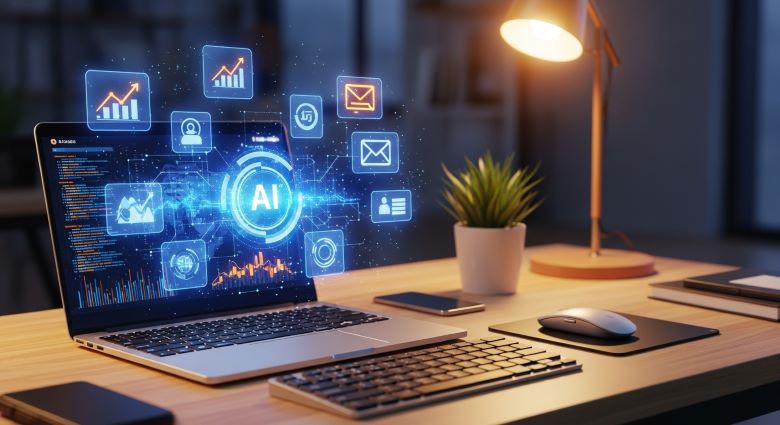 책상 위 노트북에서 빛나는 'AI' 로고와 함께 차트, 자물쇠, 이메일, 톱니바퀴 등의 파란 홀로그램 아이콘들이 떠있고, 옆에 화분과 램프가 있는 저녁 사무실 AI 비즈니스 자동화 작업 환경