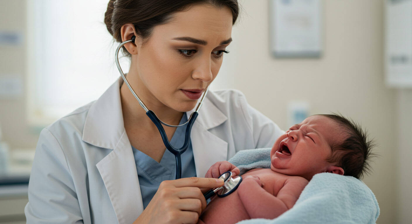 여의사가 울고 있는 아이를 청진하고 하다