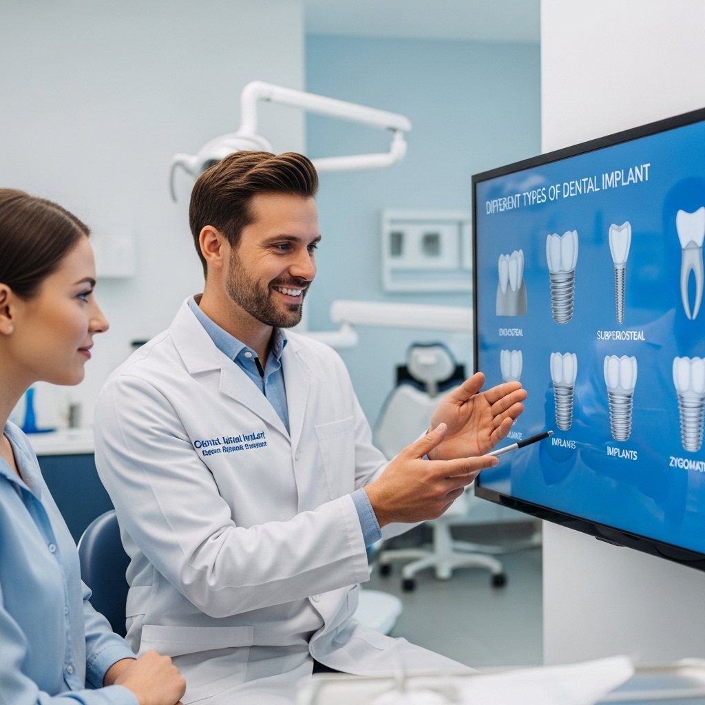 환자에게 다양한 임플란트 종류를 설명하는 치과의사와 디지털 화면
