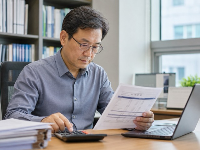 중년 남성이 보험료를 계산하고 있는 그림