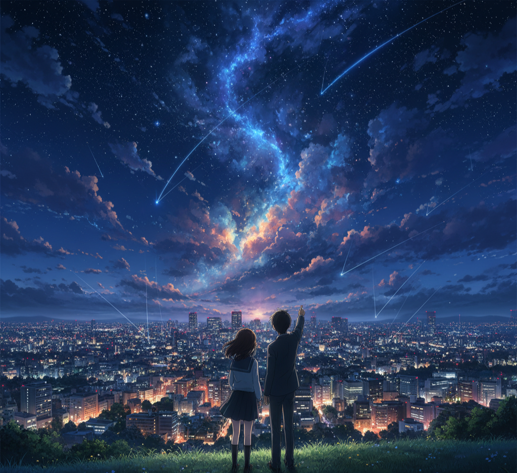 애니메이션 너의 이름은 장면, 도쿄 야경 위로 별이 쏟아지는 하늘을 바라보는 두 사람의 모습