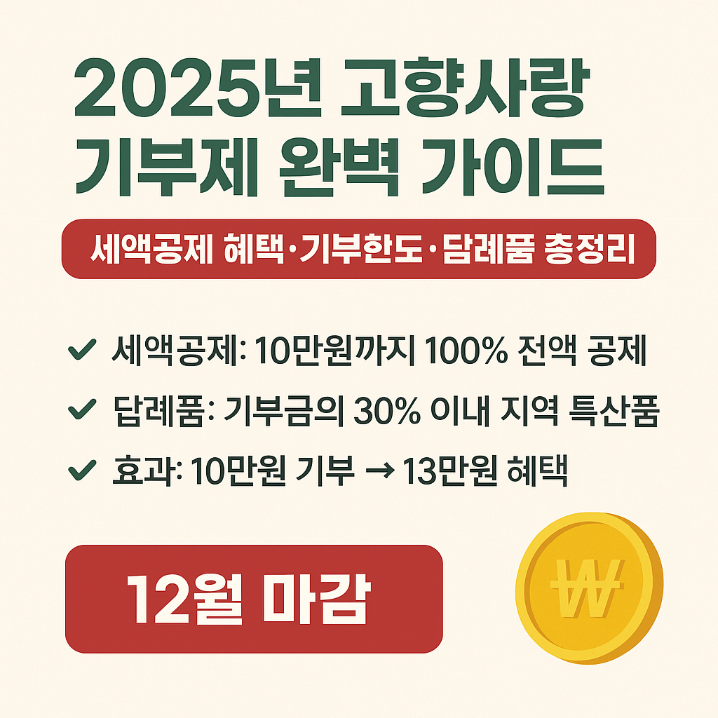 2025년 고향사랑 기부제 완벽 가이드. 세액공제 혜택, 기부 한도, 답례품 총정리. 세액공제: 10만 원까지 100% 전액 공제. 답례품: 기부금의 30% 이내 지역 특산품. 효과: 10만 원 기부 시 13만 원 혜택. 12월 마감.