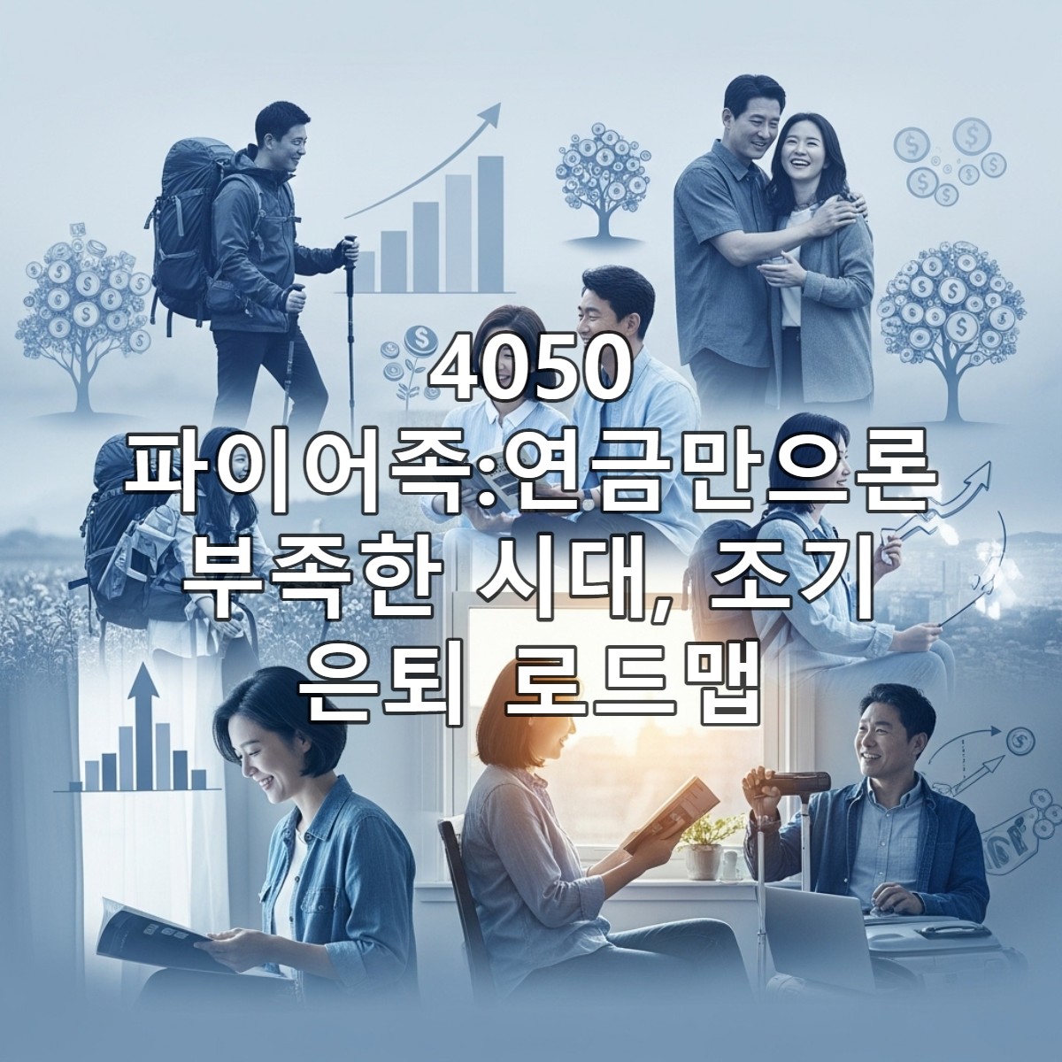 40대와 50대 남녀가 평화롭게 자연을 즐기거나 취미 생활을 하는 모습과 재정적 독립을 상징하는 요소들이 어우러진 이미지. 경제적 자유를 얻은 4050세대의 행복한 조기 은퇴를 표현.
