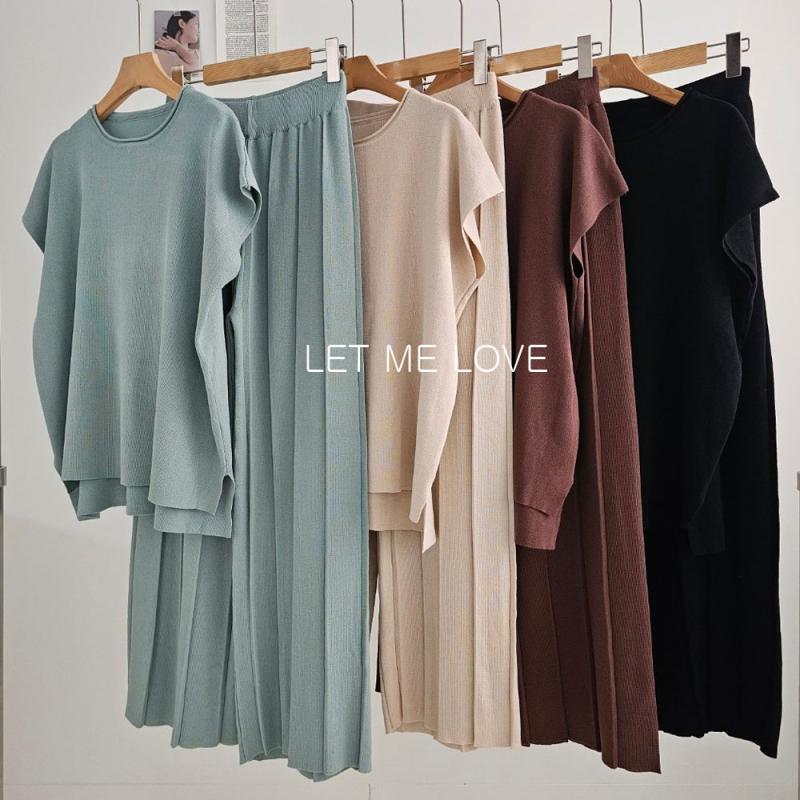 여성 여름 비스코스 플리츠 니트 투피스 셋업 상하세트