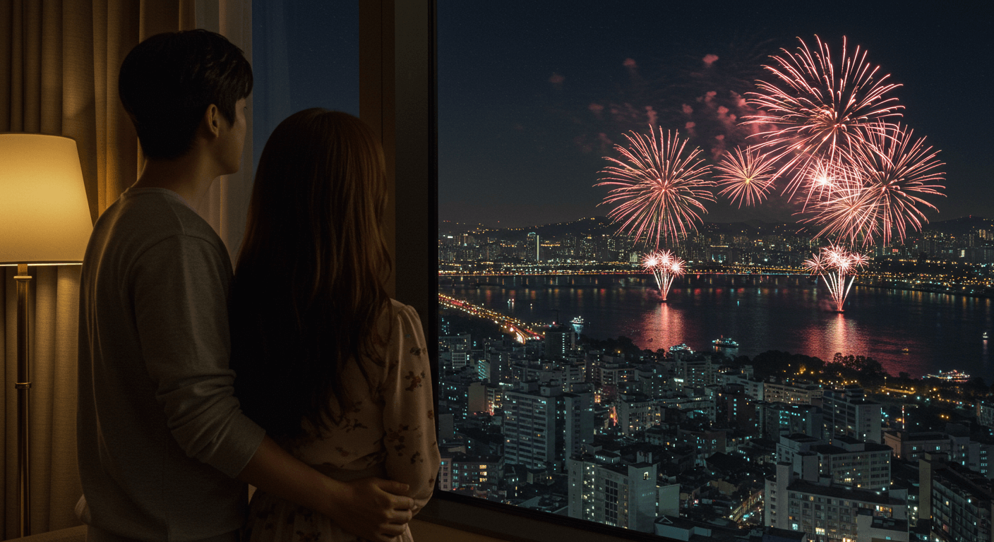 호텔 창가에서 불꽃놀이를 바라보는 한국인 커플 2