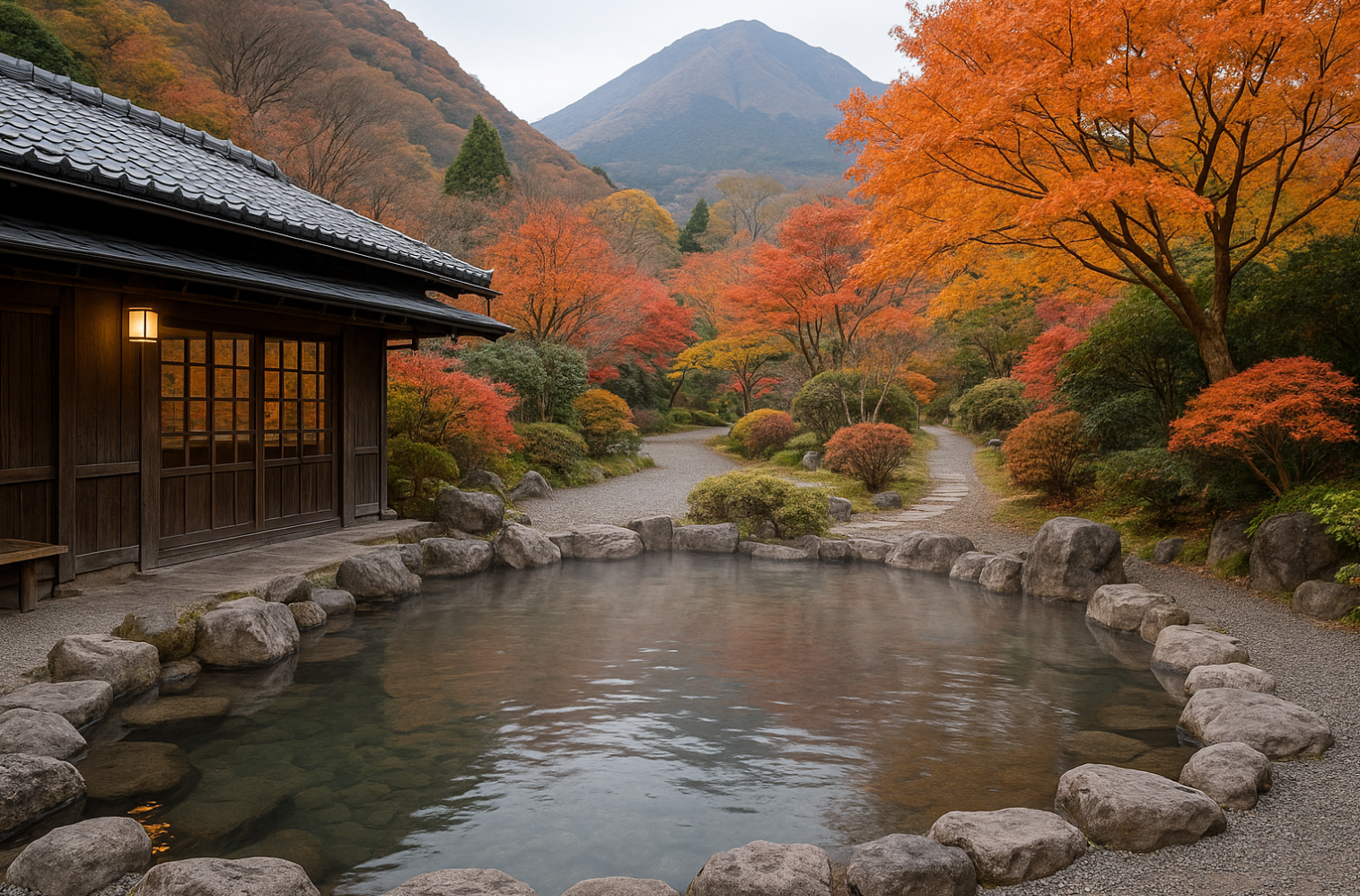 일본 온천과 단풍이 보이는 사진