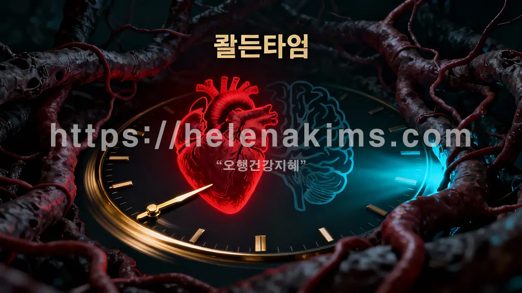 중앙에 붉은색으로 긴박하게 빛나는 심장과 뇌 실루엣이 배치되고, 그 주변을 혈관 찌꺼기를 상징하는 어둡고 거친 패턴이 위협적으로 감싸고 있습니다.