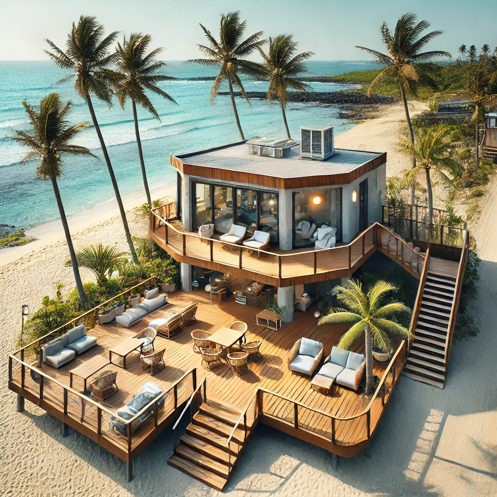 개인 해변으로 연결된 데크가 있는 제주 펜션.