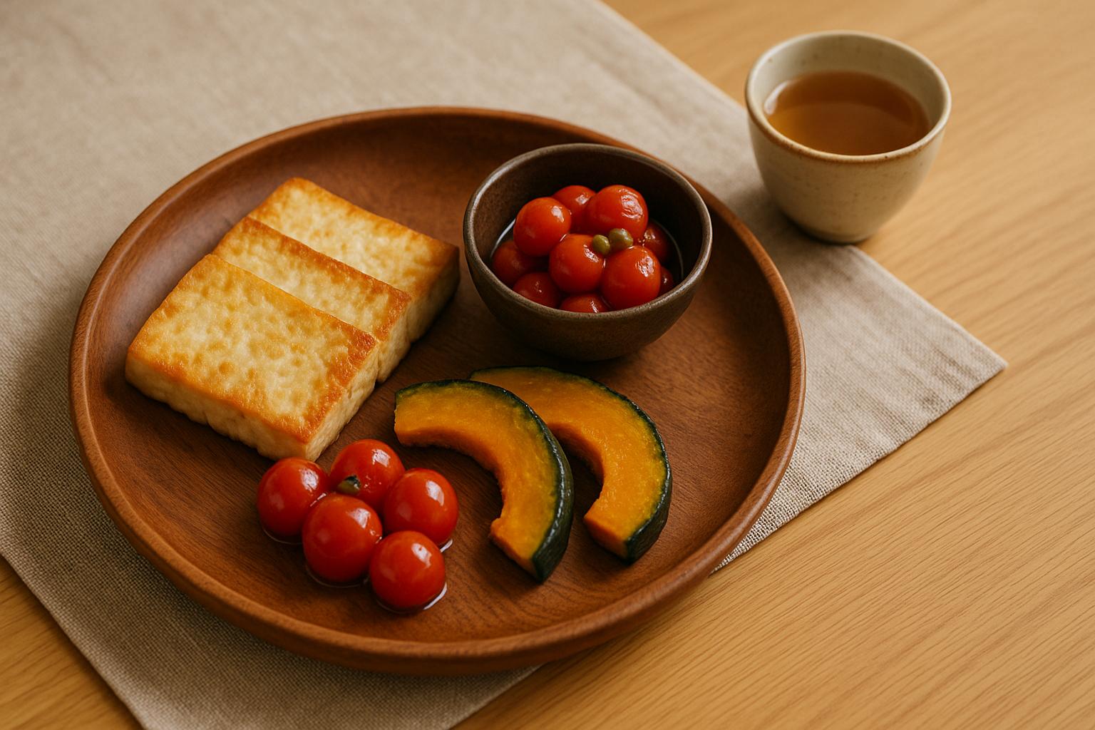 나무 접시에 담긴 두부구이와 구운 단호박, 방울토마토 절임