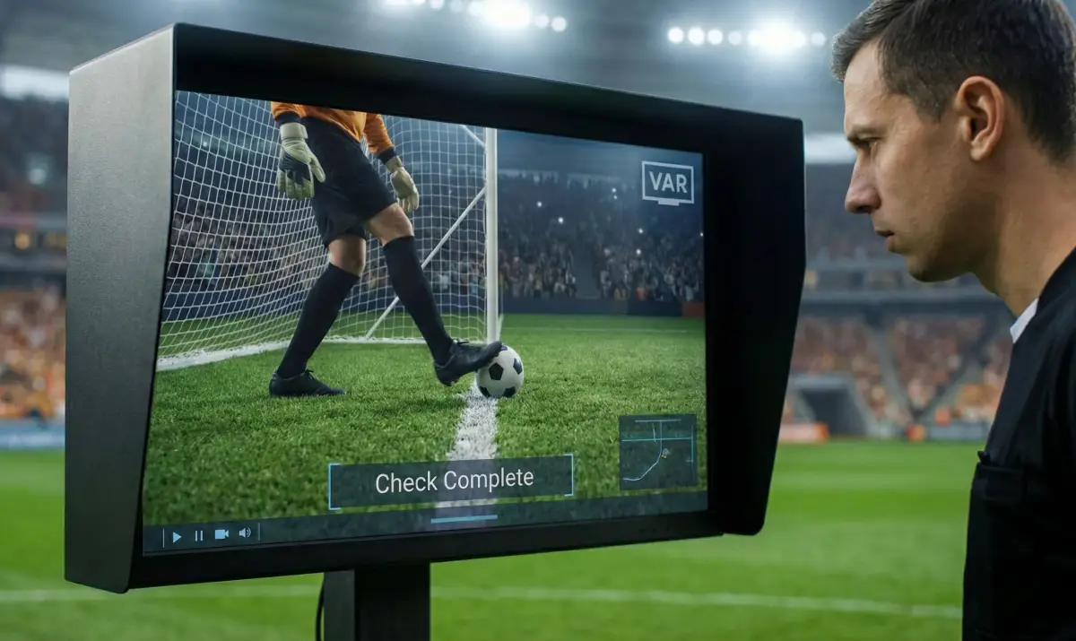 골키퍼가 킥 직전 골라인에서 발을 떼었는지 확인하는 VAR 모니터 화면과 이를 지켜보는 심판의 모습