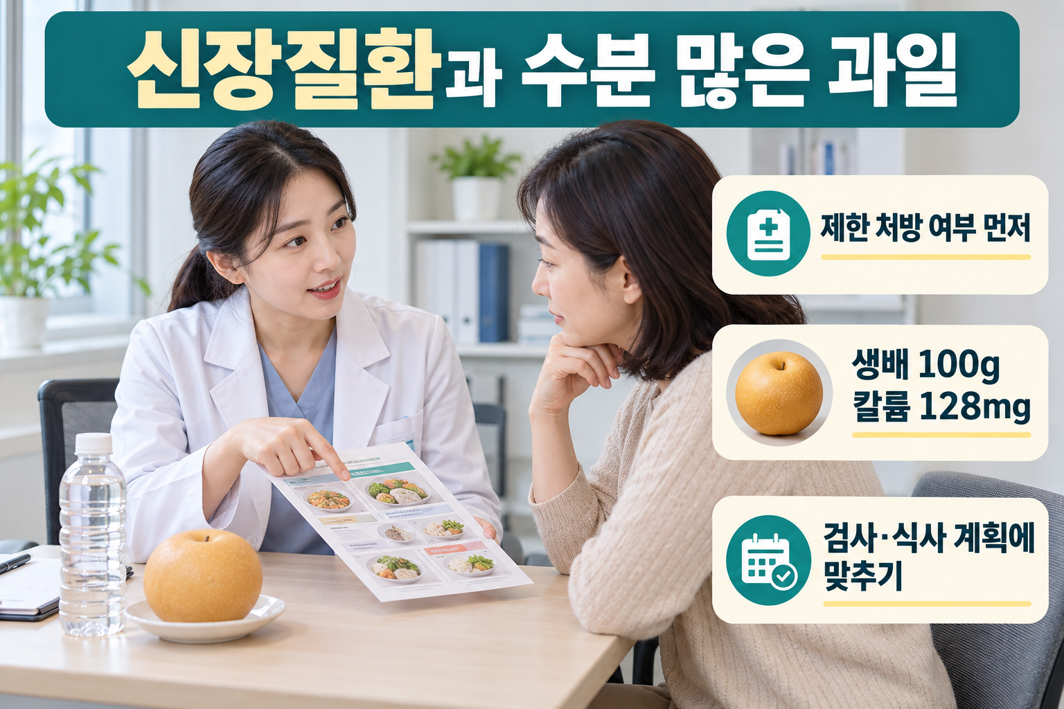 과즙 많은 간식도 칼륨&middot;수분 계획에 맞춰요를 설명하는 질환별 실사 인포그래픽