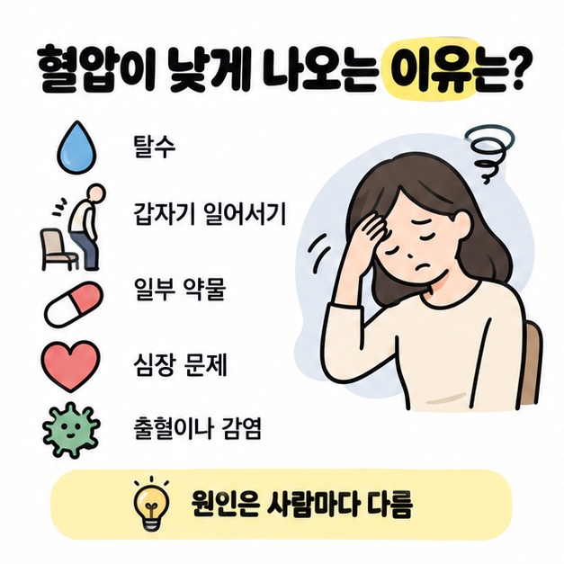 탈수 약물 자세 변화 등 혈압이 낮게 나오는 이유를 정리한 이미지