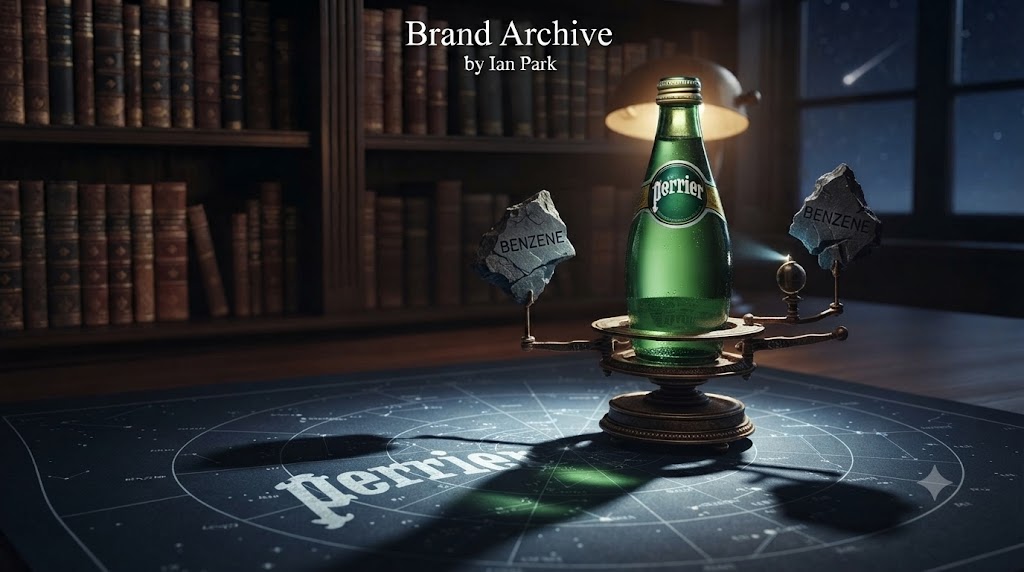 브랜드 위기 상황을 재난에 비유한 메타포 이미지입니다. 거대한 페리에(Perrier) 탄산수 병이 점성술 차트 위에 위태롭게 놓여 있고, 그 주변으로 '벤젠(Benzene)'이라고 적힌 불길한 유성우가 떨어지고 있습니다. 브랜드 로고가 새겨진 병이 dis-astro(별에서 멀어진) 상태가 되어가는 긴박한 순간을 포착했습니다.
