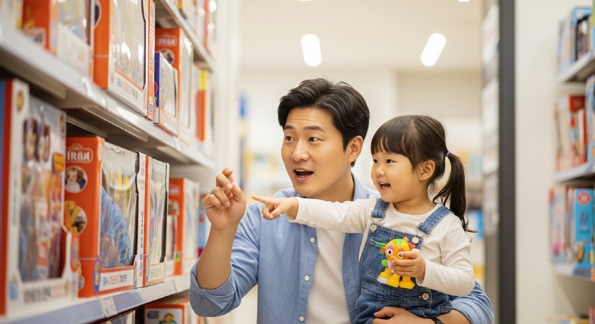 아이와 함께 장난감 고르는 아빠