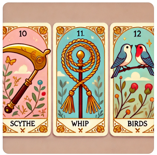 레노먼드 타로카드: 10번 낫, 11번 채찍, 12번 새 카드