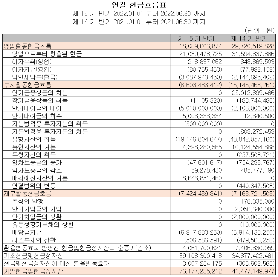 와이솔 - 현금흐름표