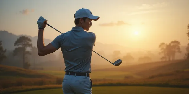 새벽 안개 낀 골프장에서 티박스에 서서 드라이버를 잡고 있는 장면