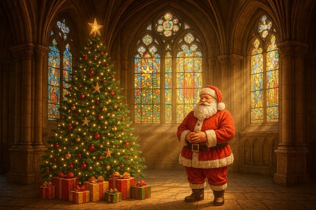 크리스마스 분위기의 성당안에 있는 산타클로스 모습