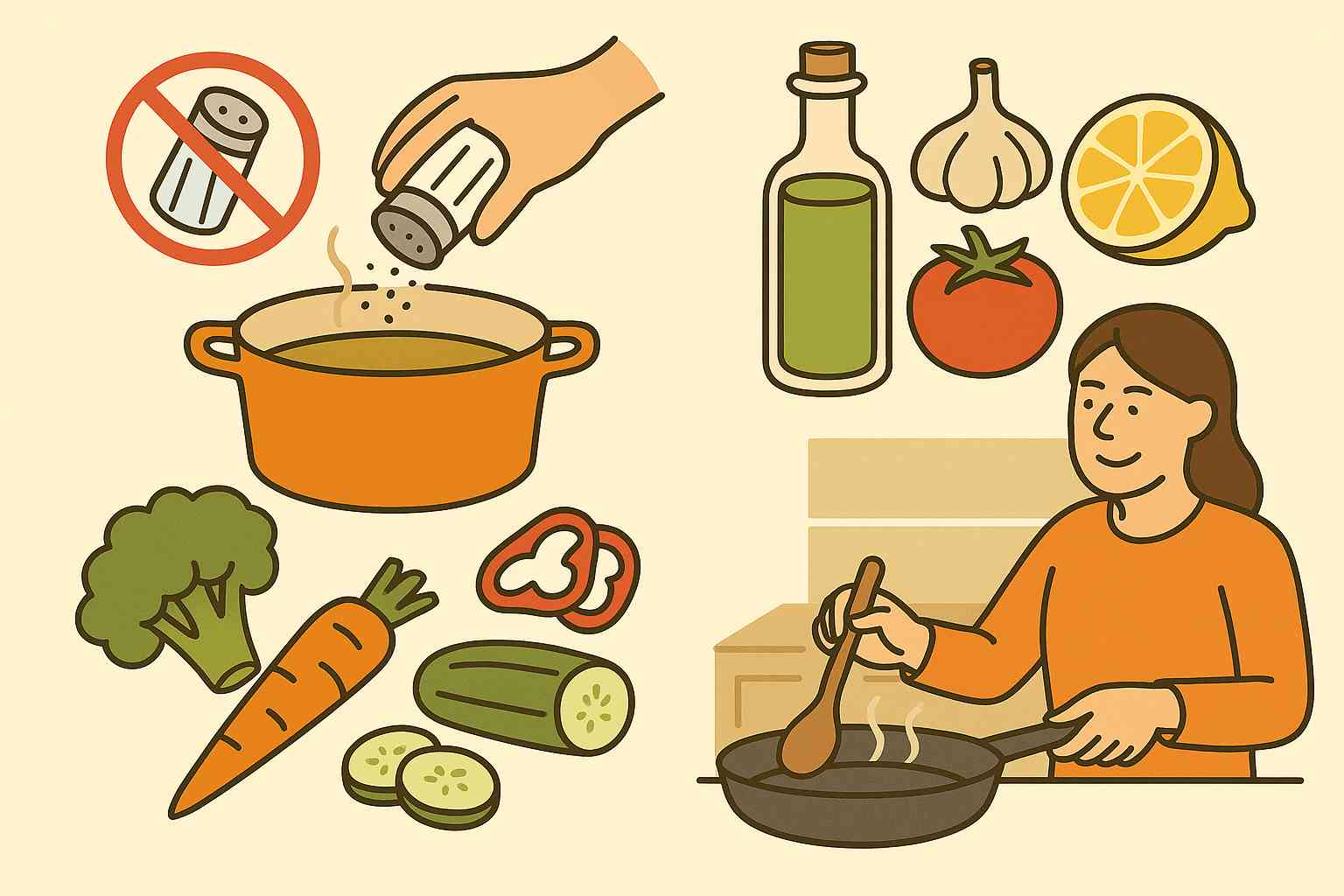 저염식을 위한 건강한 요리 방법과 신선한 재료를 사용하는 조리 장면