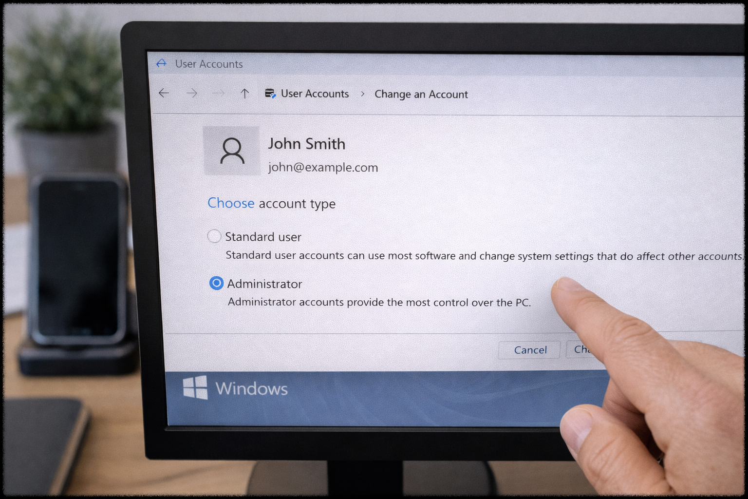 윈도우에서 관리자 권한 설정을 확인하는 모습