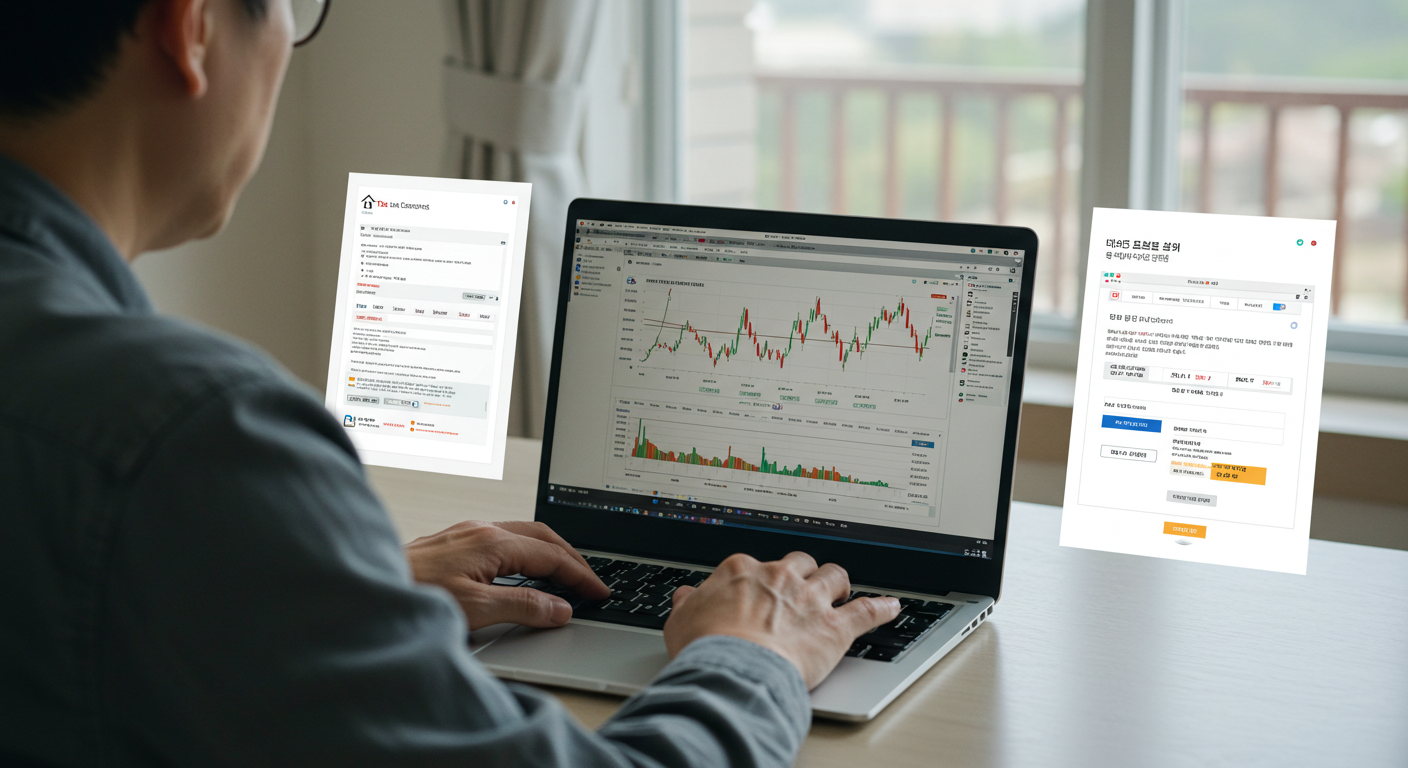 비트코인 차트와 세금 신고서, 홈택스 화면을 보며 노트북을 사용하는 사람