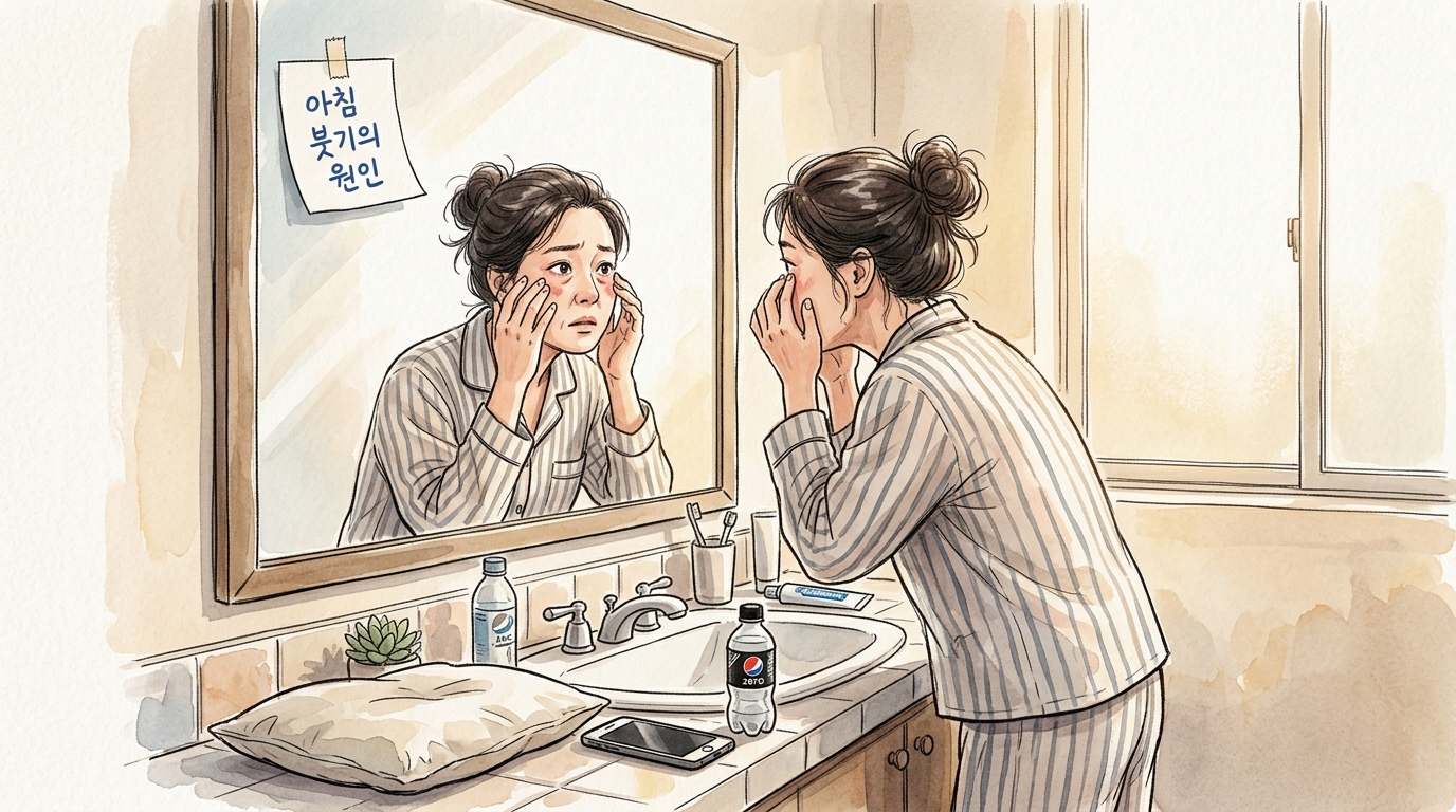 아침에 거울을 보며 부은 눈을 걱정하는 여성. 옆에는 스마트폰과 낮은 베개, 제로 탄산음료가 있다.