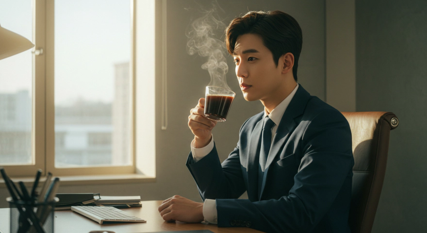 아침 햇살 속 블랙커피를 마시는 한국인 직장인
