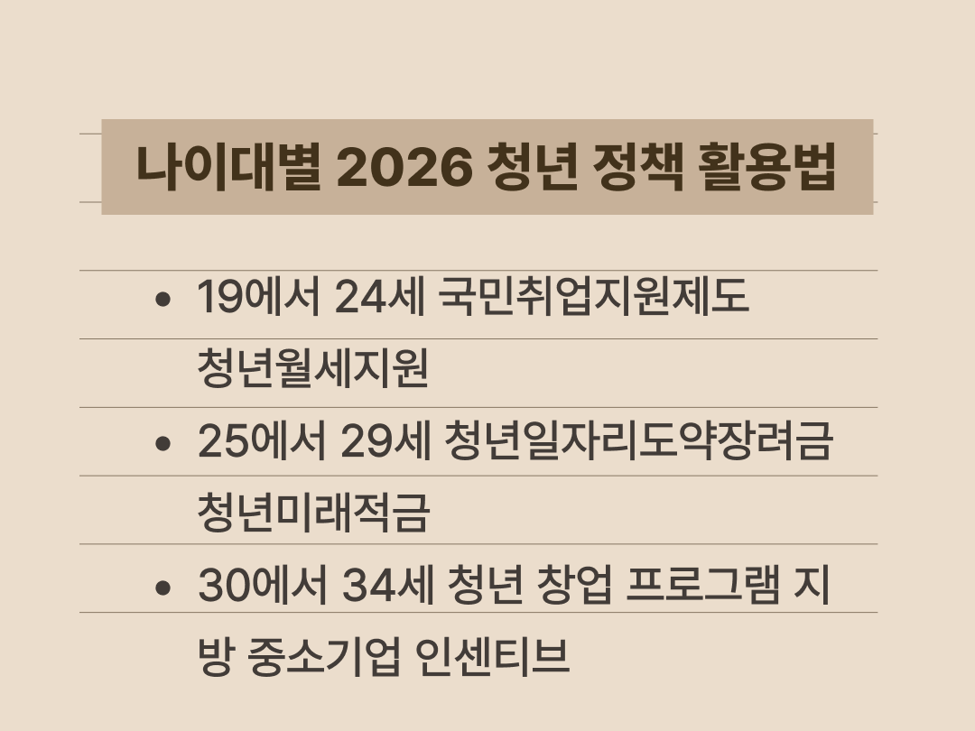 2026년 청년 정책을 연령대별로 어떻게 활용할지 요약한 전략 이미지