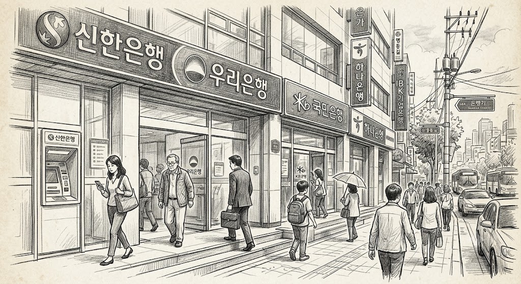 은행에 들어가는 사람들 스케치