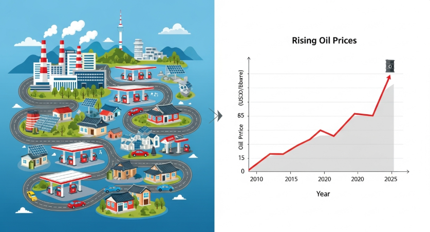 유가 차트가 상승하는 그래프와 함께 한국의 공장, 주유소, 가정집이 그려진 인플레이션 영향도 인포그래픽