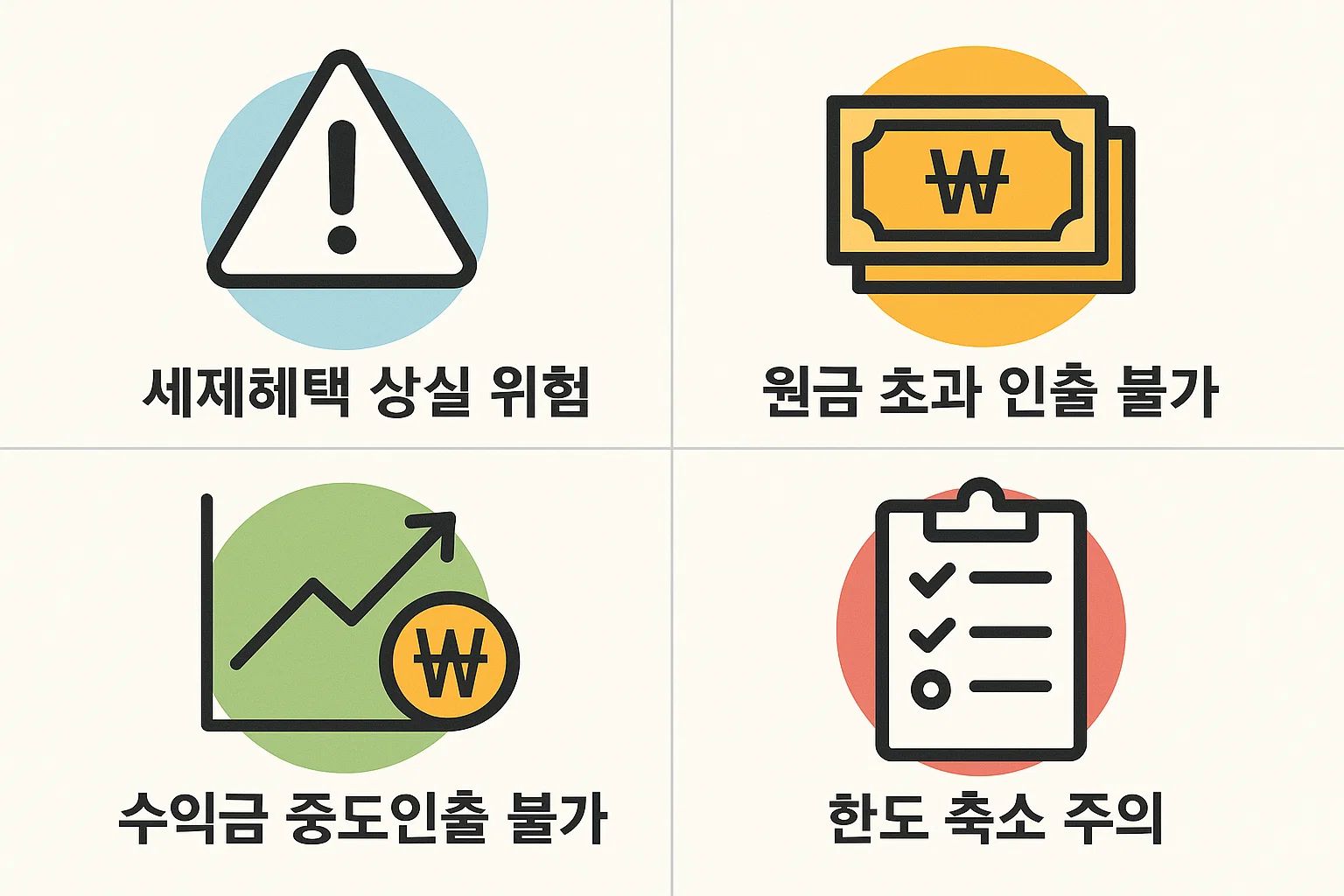 ISA 계좌 중도인출 시 세제혜택 상실 위험, 원금 초과 인출 불가, 수익금 인출 제한, 한도 축소 등 꼭 확인해야 할 핵심 규칙을 설명한 인포그래픽 이미지