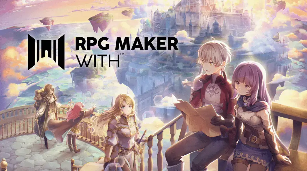 RPG Maker WITH 공식 일러스트, 중세 판타지 배경의 캐릭터들이 RPG 게임 제작을 준비하는 장면