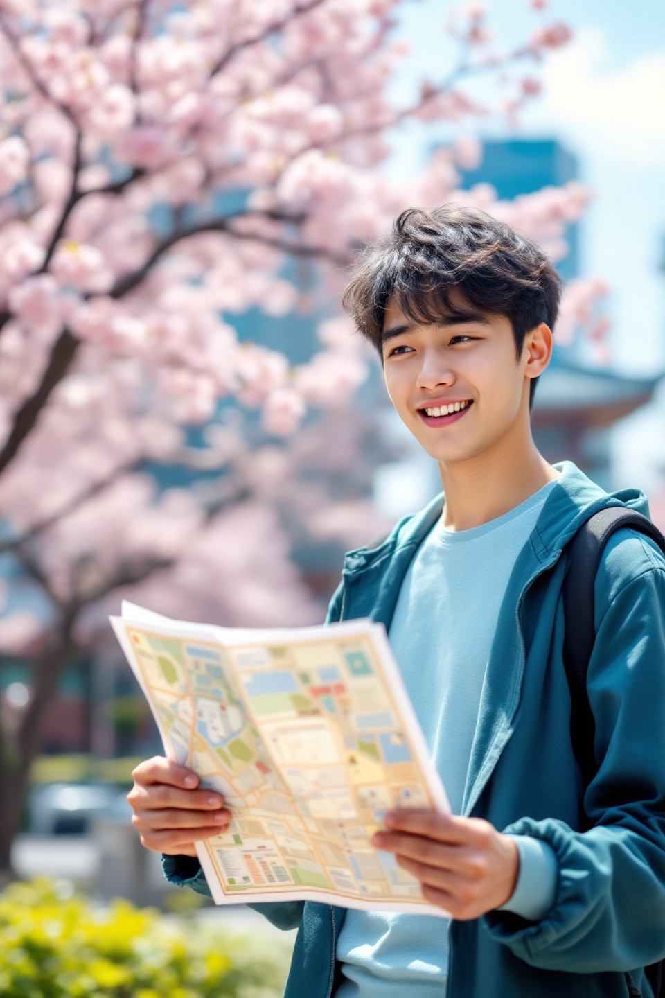 경기대학교 교정에서 남학생이 학교 안내지도를 들고 웃고 있으며, 뒷편에는 벗꽃이 만개해 있는 이미지
